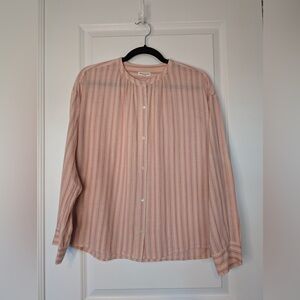 MASSCOB Oversized Cotton Hemp Boxy Button Down Blouse Pale Pink Stripes Size S